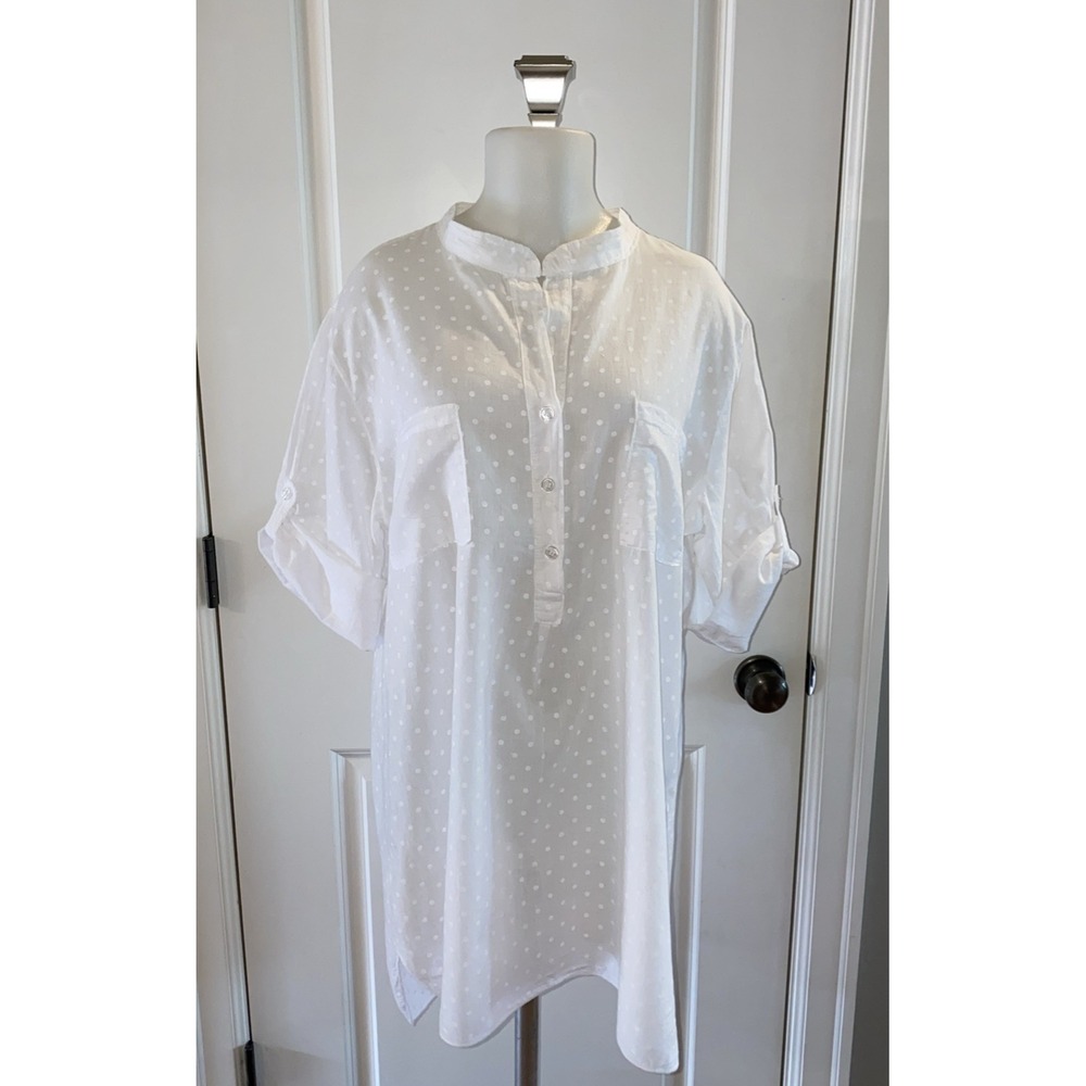 Angela Mara White Cotton Swiss Dot Tunic Top Shirt Rolled Sleeve Italy -Size L